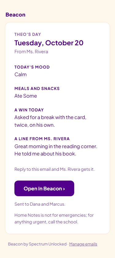 The daily note email a family member gets on a phone: the note's sections, the teacher's line and the reply line.