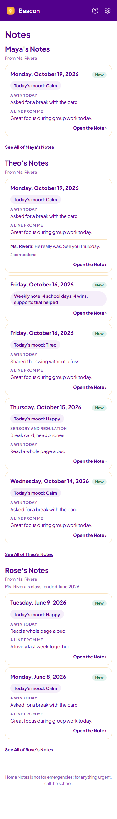 My Notes on a phone: a family member's notes from school, newest first, each with its status.