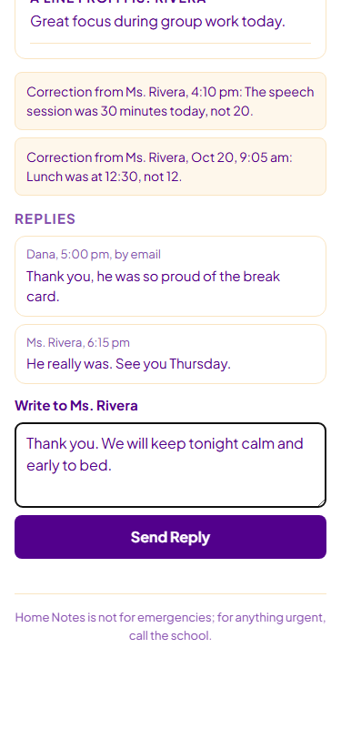 The reply box under a note in My Notes on a phone, with a reply written to the teacher.