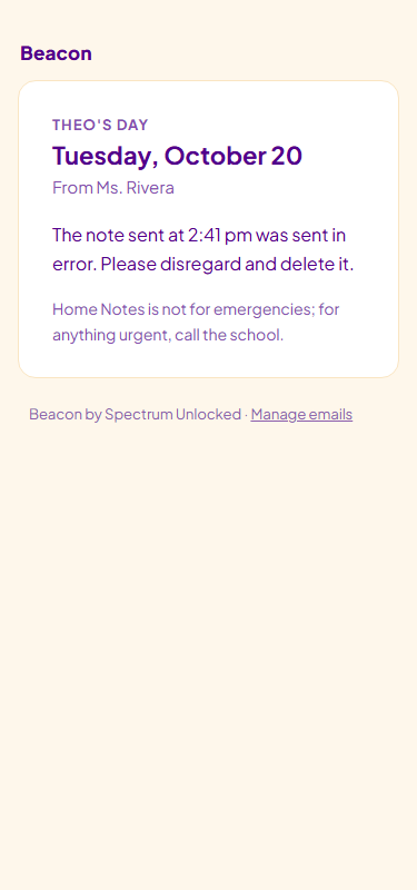 The Please Disregard email on a phone, sent when a note is marked Sent in Error.