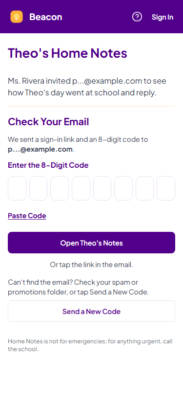 The invitation page on a phone after Continue: the family member types the sign-in code sent to the invited address.