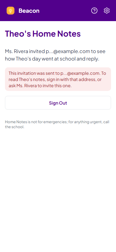 The invitation page on a phone when signed in with another address: it names the address the invitation went to and asks to sign in with that one.